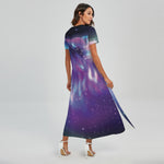 Galaxy Howling Wolf Spirit Print Short Sleeve Maxi Dress
