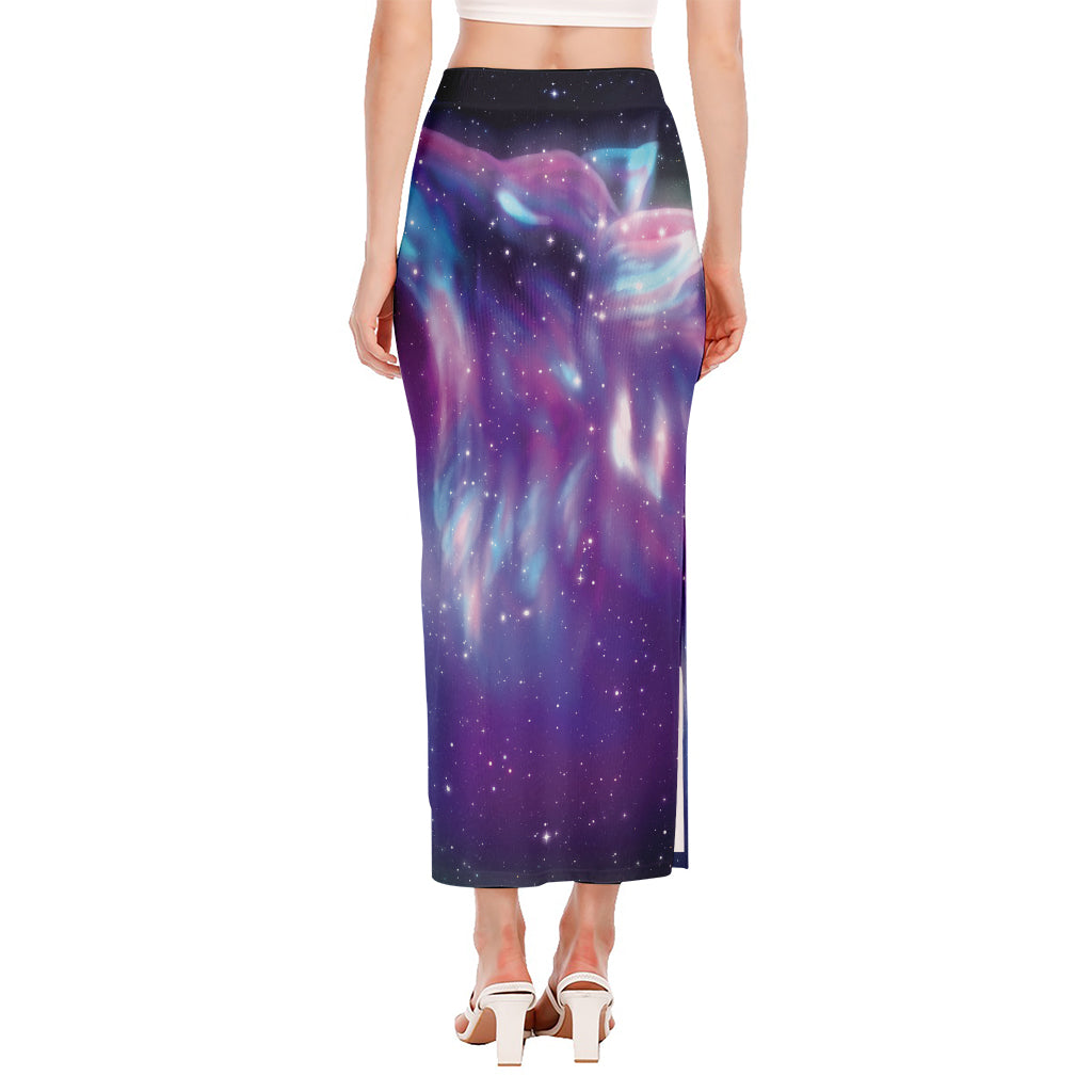 Galaxy Howling Wolf Spirit Print Side Slit Maxi Skirt