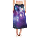 Galaxy Howling Wolf Spirit Print Side Slit Midi Skirt