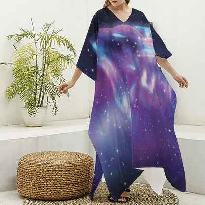 Galaxy Howling Wolf Spirit Print Silk V-Neck Kaftan Dress