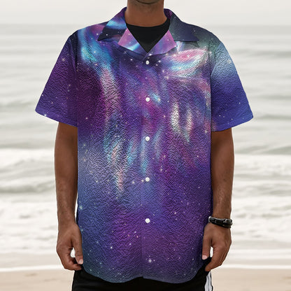 Galaxy Howling Wolf Spirit Print Textured Short Sleeve Shirt