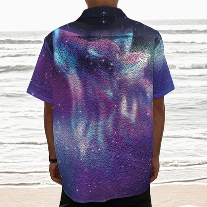 Galaxy Howling Wolf Spirit Print Textured Short Sleeve Shirt