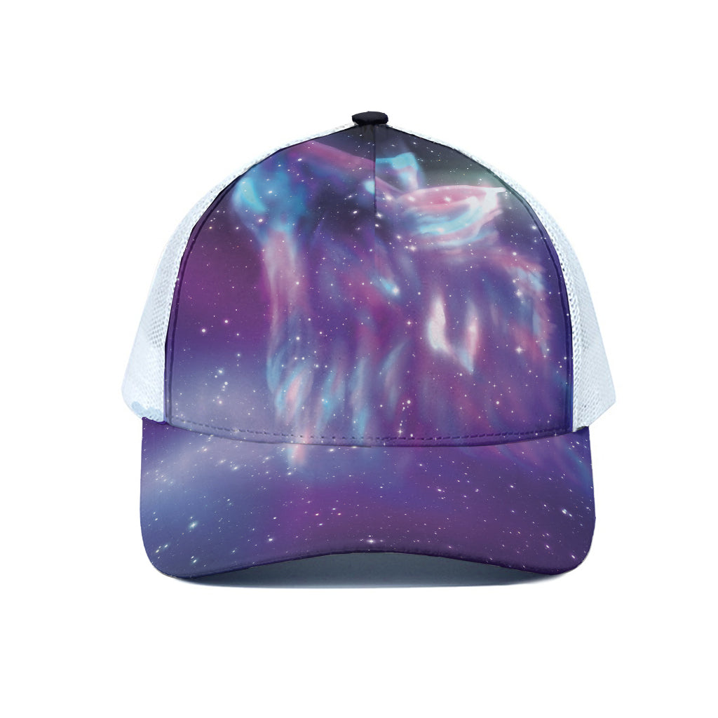 Galaxy Howling Wolf Spirit Print White Mesh Trucker Cap