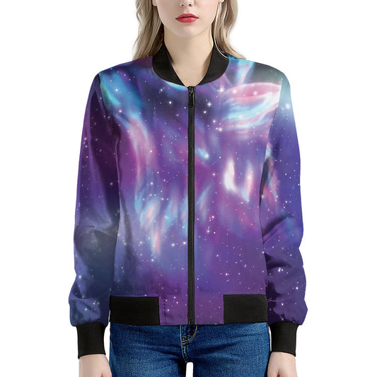 Galaxy Howling Wolf Spirit Print Women's Bomber Jacket