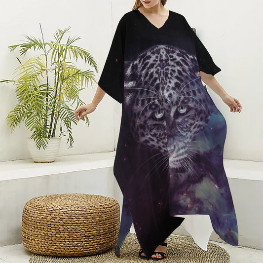 Galaxy Jaguar Print Silk V-Neck Kaftan Dress