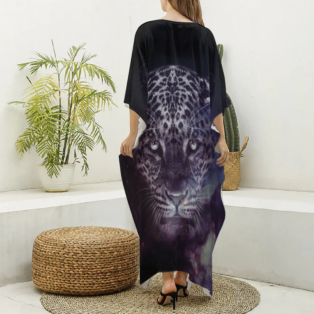 Galaxy Jaguar Print Silk V-Neck Kaftan Dress