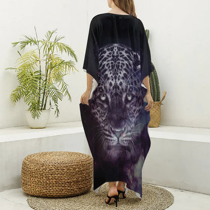 Galaxy Jaguar Print Silk V-Neck Kaftan Dress