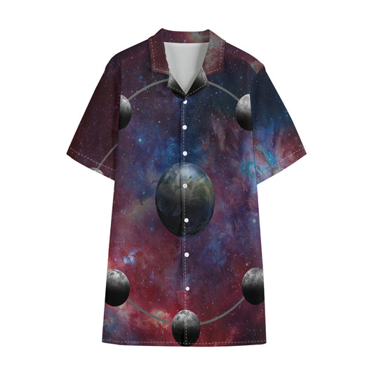 Galaxy Lunar Phase Print Cotton Hawaiian Shirt