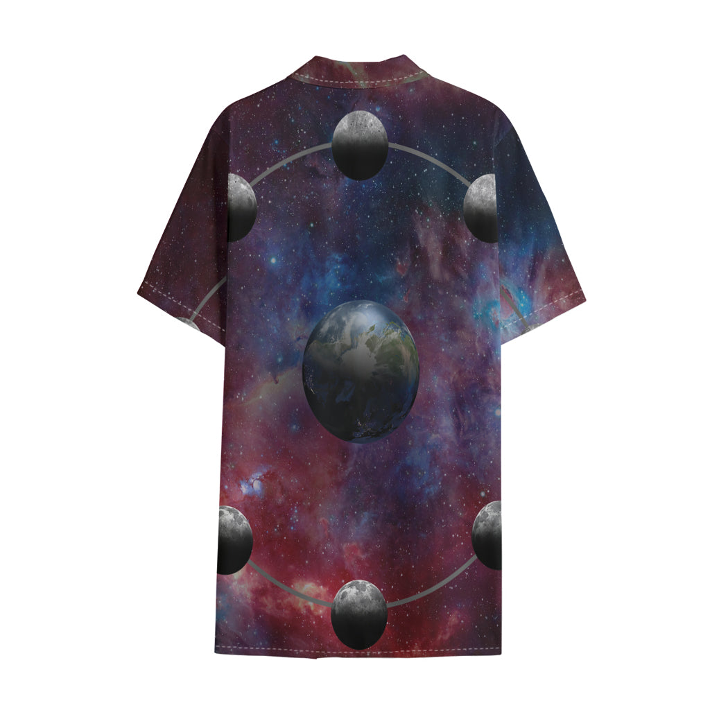 Galaxy Lunar Phase Print Cotton Hawaiian Shirt