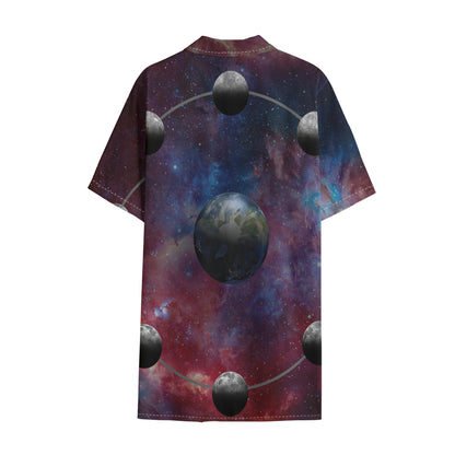 Galaxy Lunar Phase Print Cotton Hawaiian Shirt