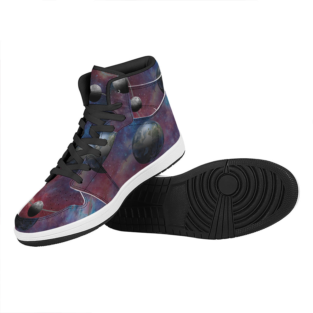 Galaxy Lunar Phase Print High Top Leather Sneakers