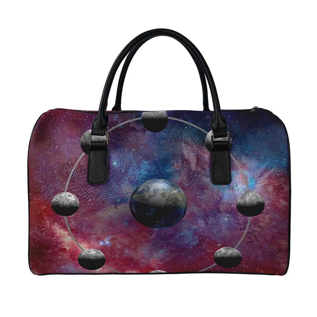 Galaxy Lunar Phase Print Leather Duffle Bag