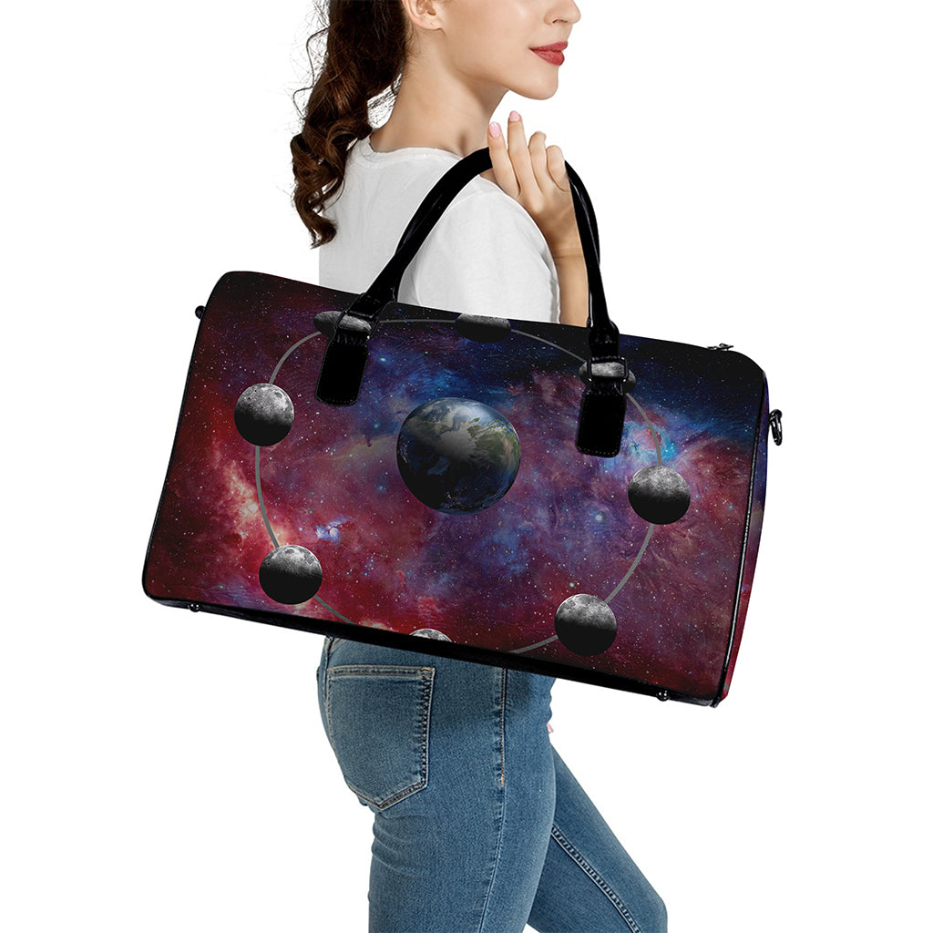 Galaxy Lunar Phase Print Leather Duffle Bag