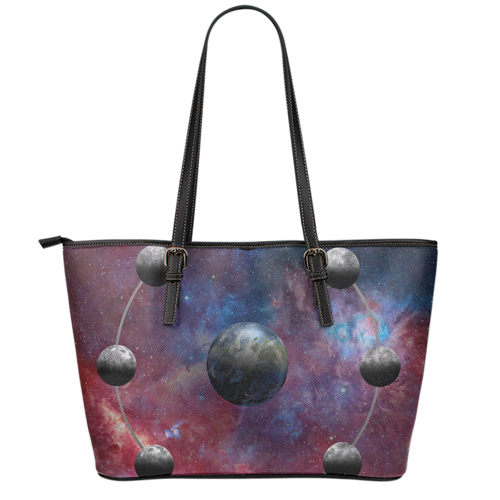Galaxy Lunar Phase Print Leather Tote Bag