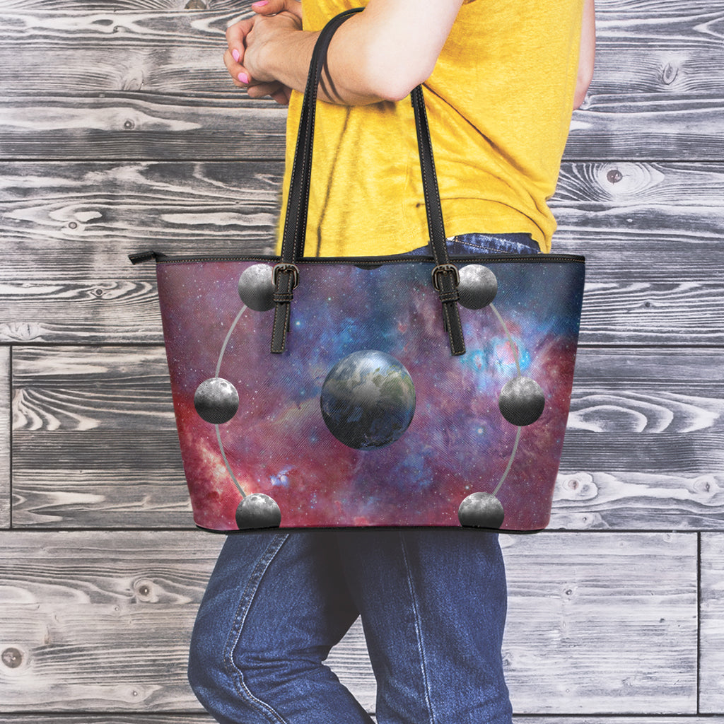 Galaxy Lunar Phase Print Leather Tote Bag