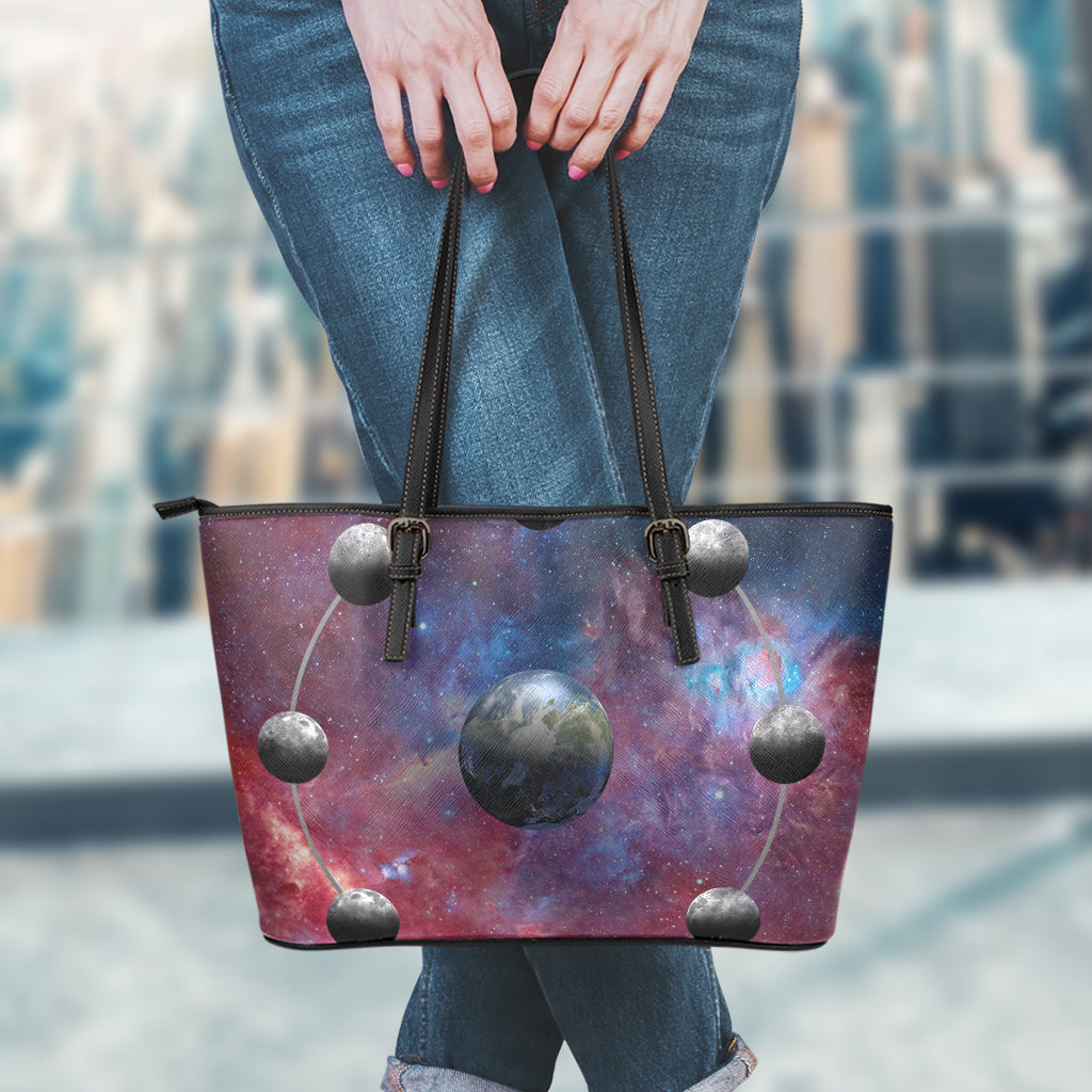 Galaxy Lunar Phase Print Leather Tote Bag