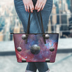 Galaxy Lunar Phase Print Leather Tote Bag