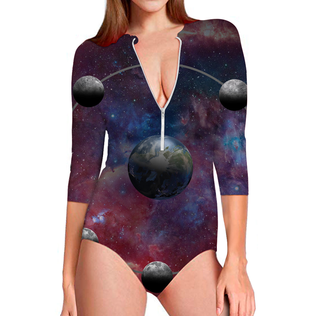 Galaxy Lunar Phase Print Long Sleeve Swimsuit