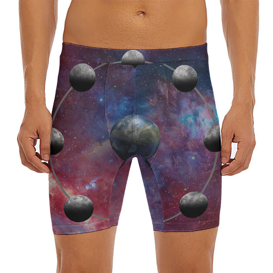 Galaxy Lunar Phase Print Men's Long Boxer Briefs