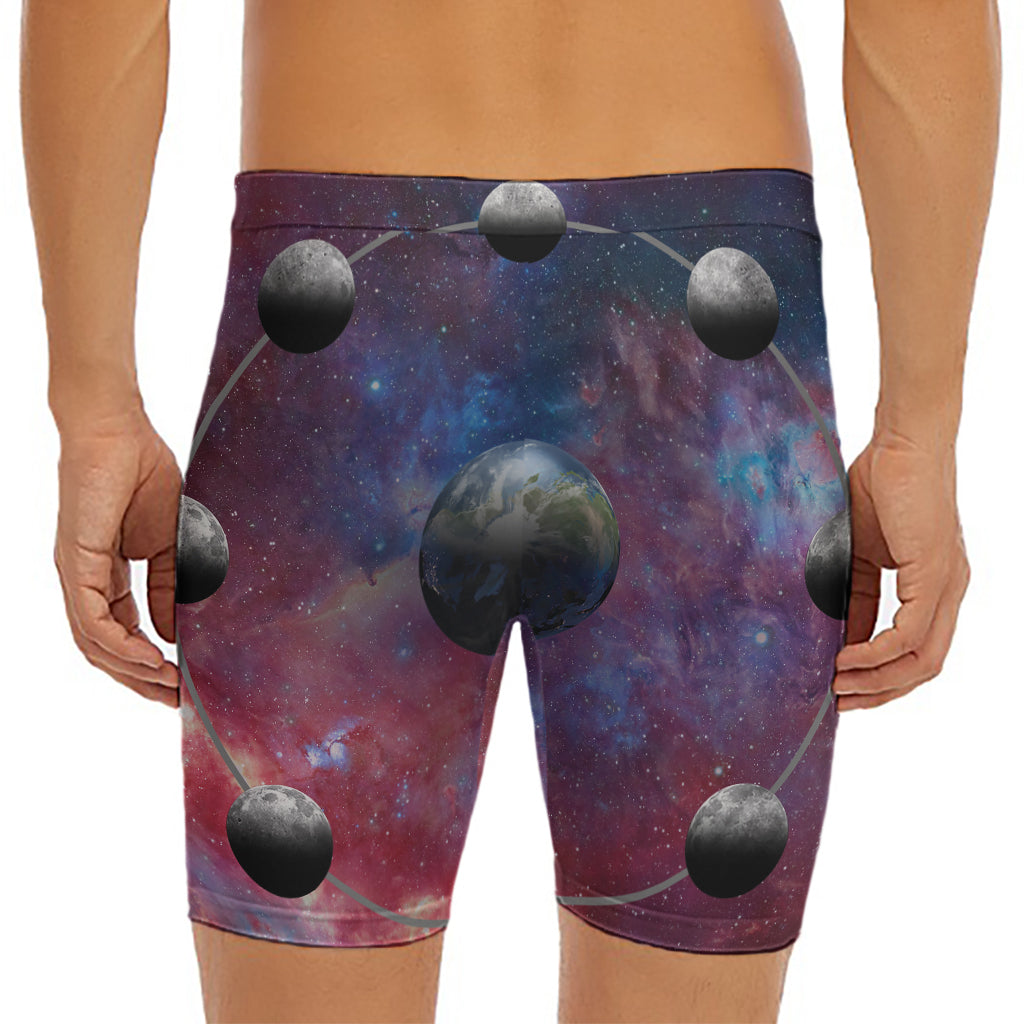 Galaxy Lunar Phase Print Men's Long Boxer Briefs