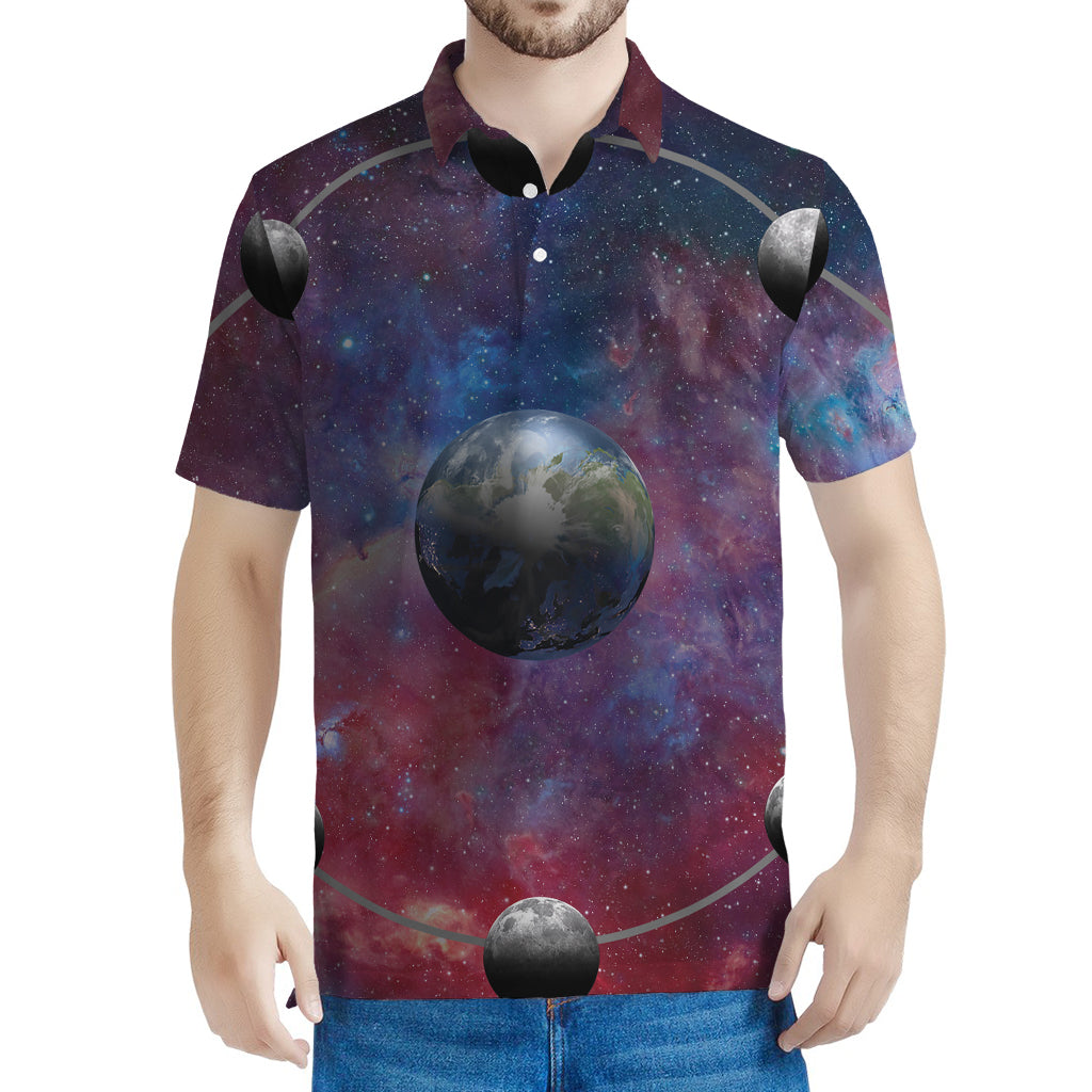 Galaxy Lunar Phase Print Men's Polo Shirt