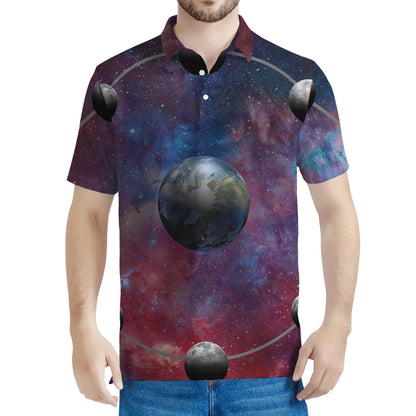 Galaxy Lunar Phase Print Men's Polo Shirt