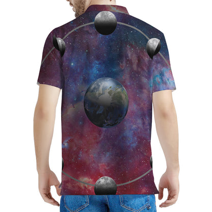 Galaxy Lunar Phase Print Men's Polo Shirt