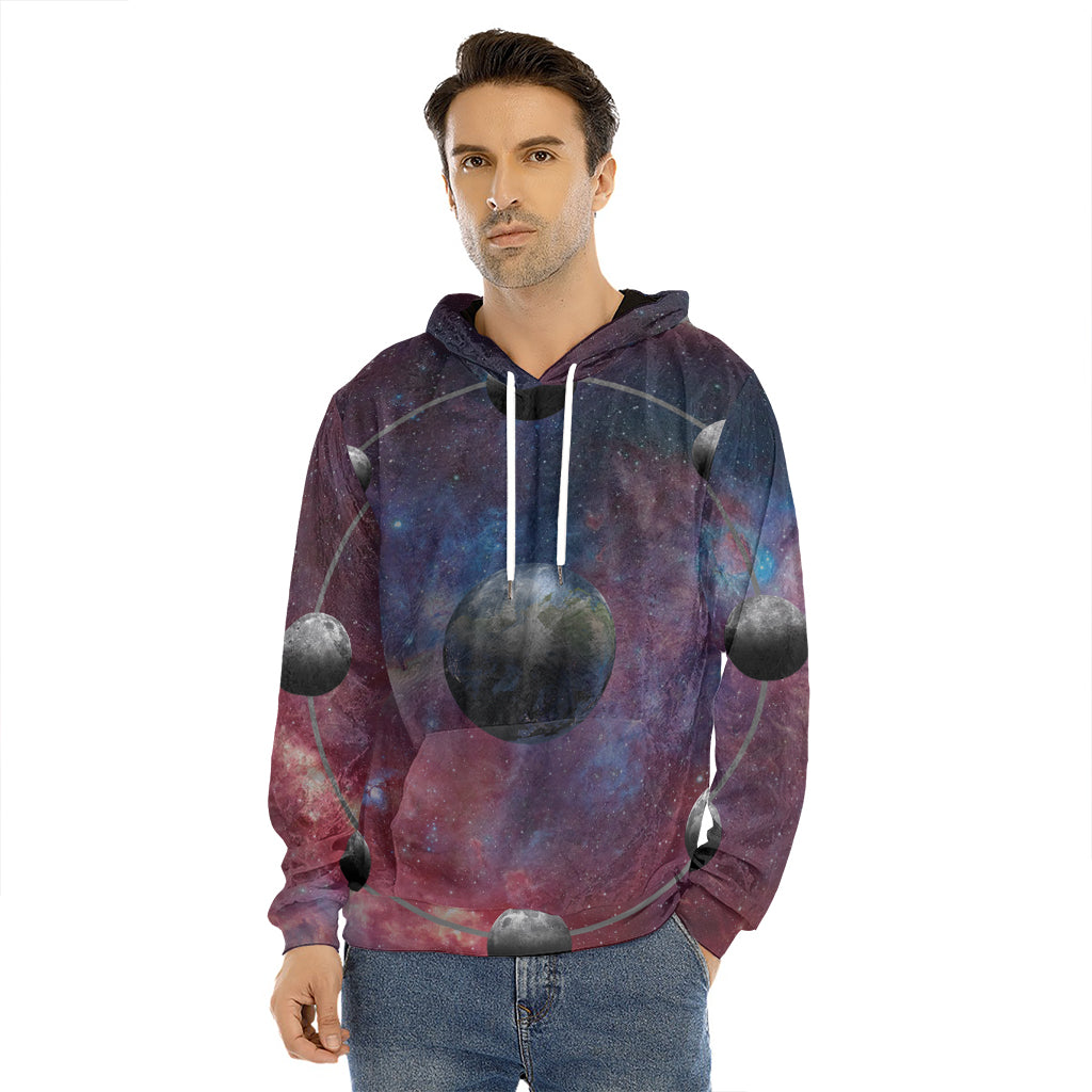 Galaxy Lunar Phase Print Men's Velvet Pullover Hoodie