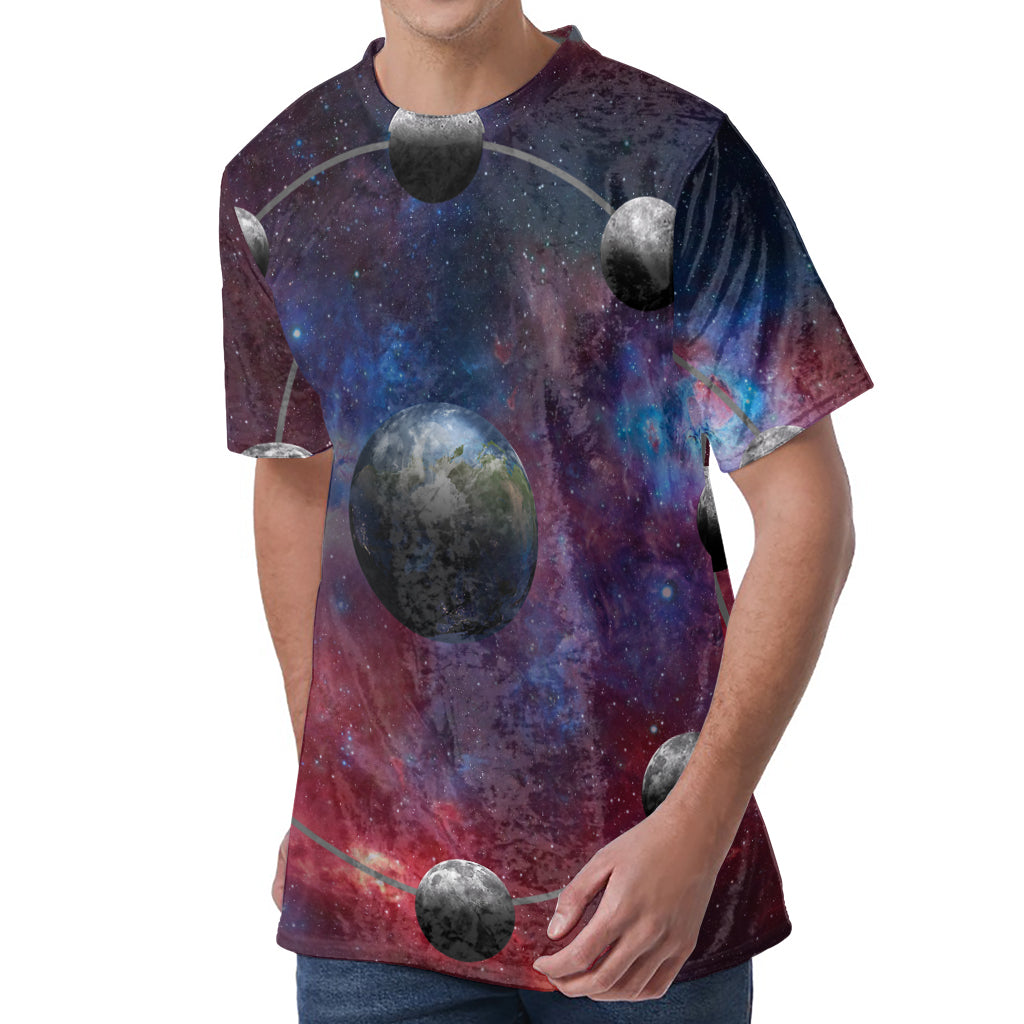 Galaxy Lunar Phase Print Men's Velvet T-Shirt