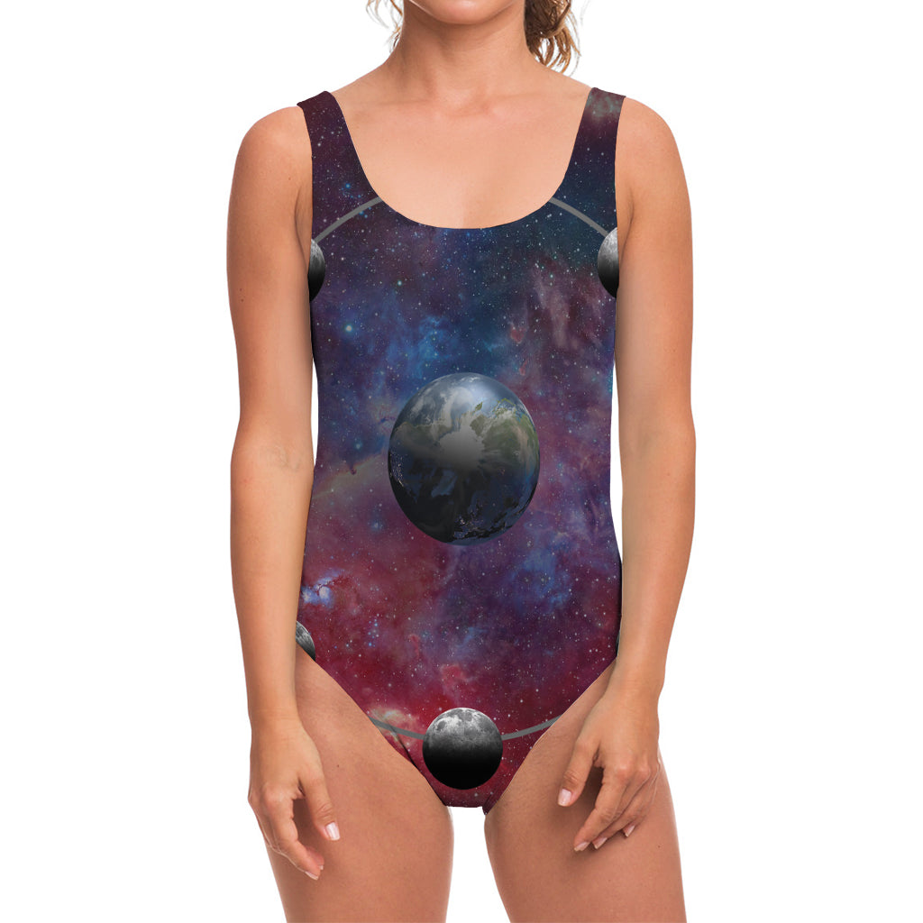 Galaxy Lunar Phase Print One Piece Swimsuit