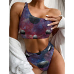 Galaxy Lunar Phase Print One Shoulder Bikini Top