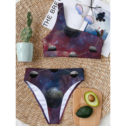 Galaxy Lunar Phase Print One Shoulder Bikini Top