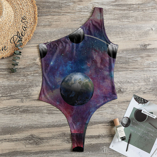 Galaxy Lunar Phase Print One Shoulder Bodysuit