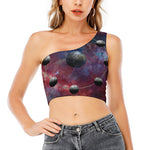 Galaxy Lunar Phase Print One Shoulder Crop Top