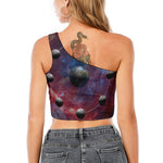 Galaxy Lunar Phase Print One Shoulder Crop Top