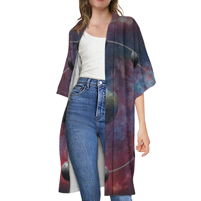 Galaxy Lunar Phase Print Open Front Beach Cover Up