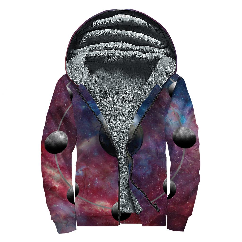 Galaxy Lunar Phase Print Sherpa Lined Zip Up Hoodie