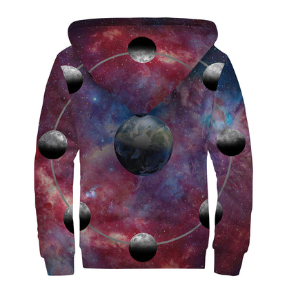 Galaxy Lunar Phase Print Sherpa Lined Zip Up Hoodie