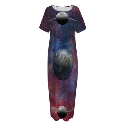 Galaxy Lunar Phase Print Short Sleeve Long Nightdress