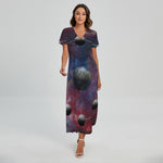 Galaxy Lunar Phase Print Short Sleeve Maxi Dress