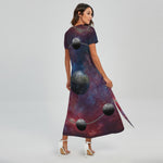 Galaxy Lunar Phase Print Short Sleeve Maxi Dress