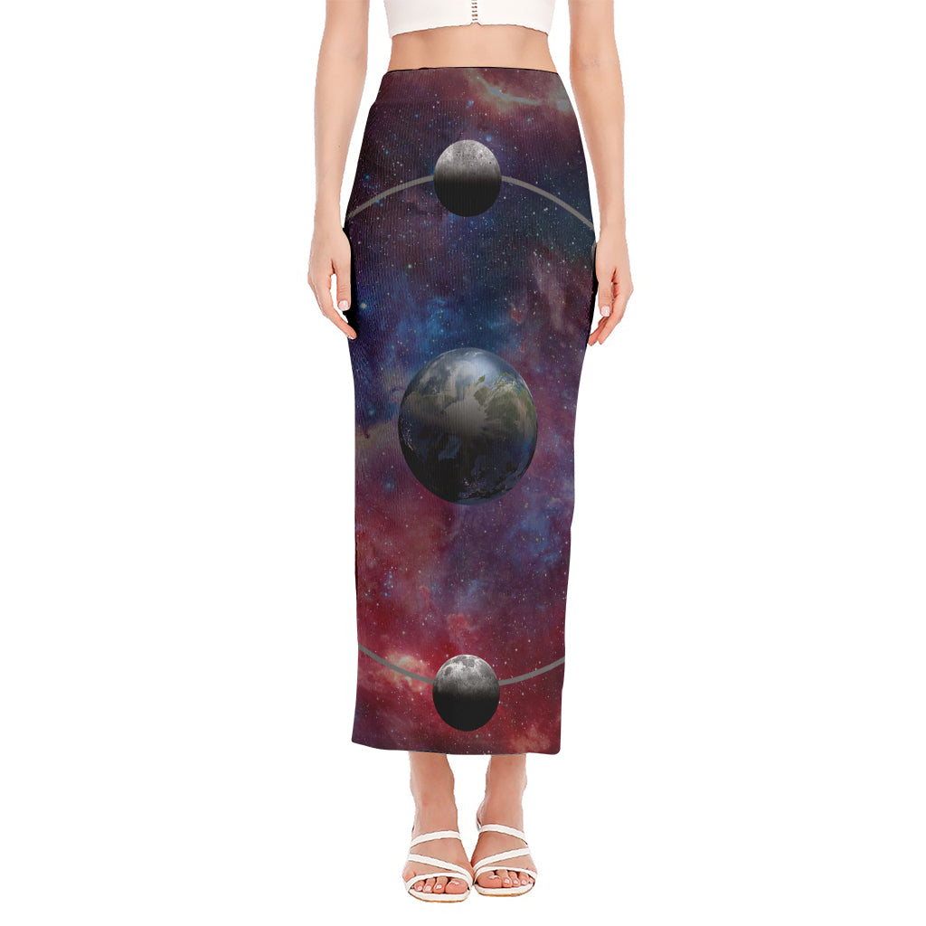 Galaxy Lunar Phase Print Side Slit Maxi Skirt