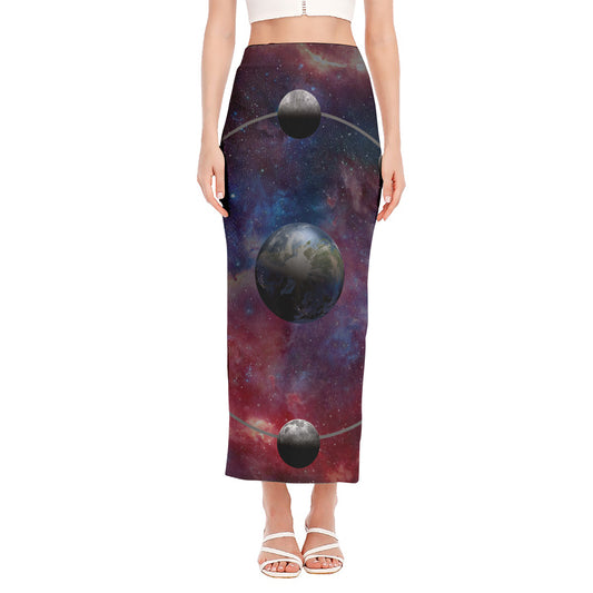 Galaxy Lunar Phase Print Side Slit Maxi Skirt