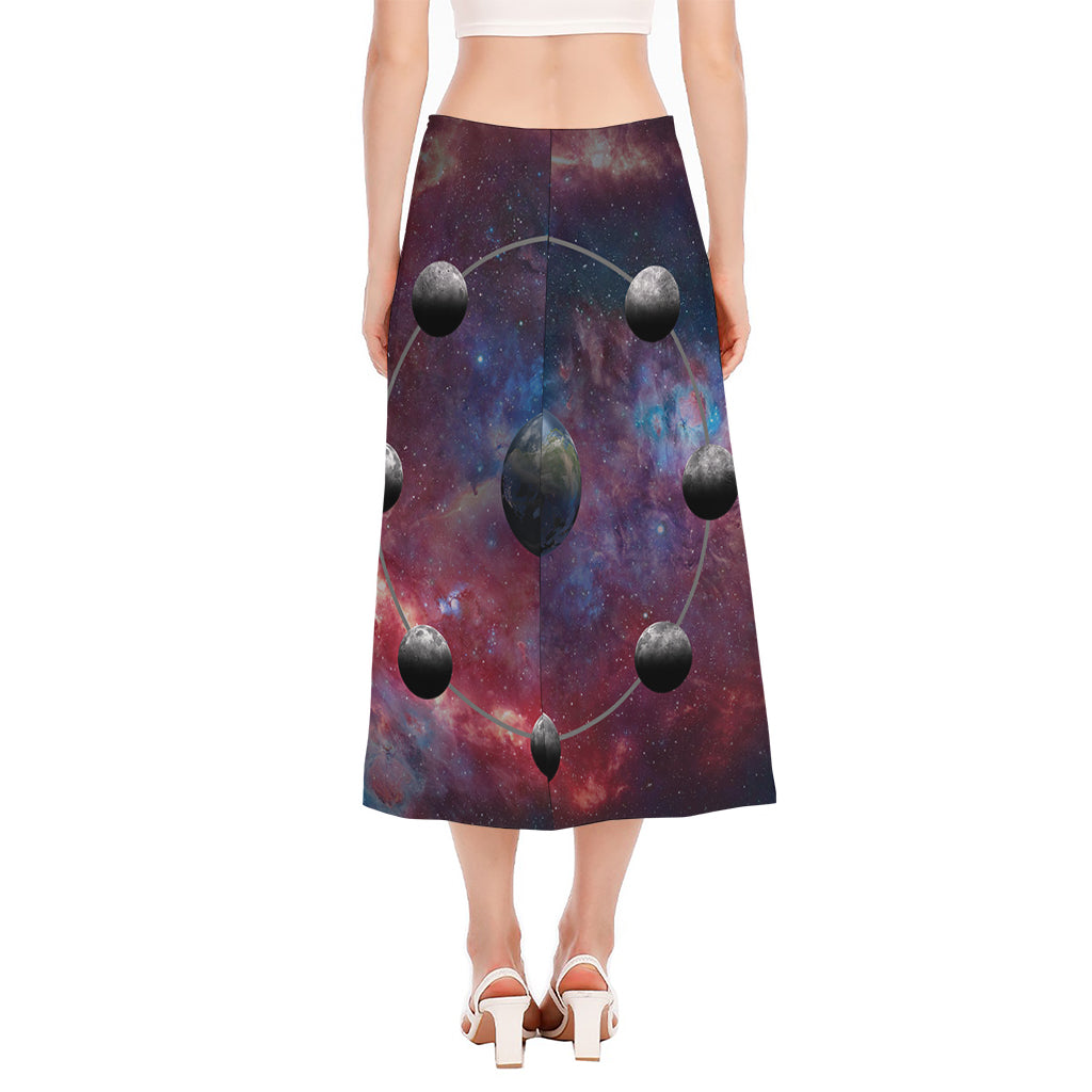 Galaxy Lunar Phase Print Side Slit Midi Skirt