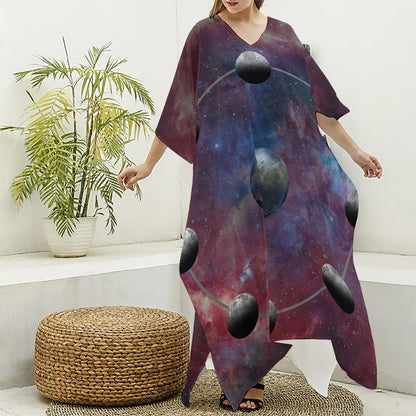 Galaxy Lunar Phase Print Silk V-Neck Kaftan Dress