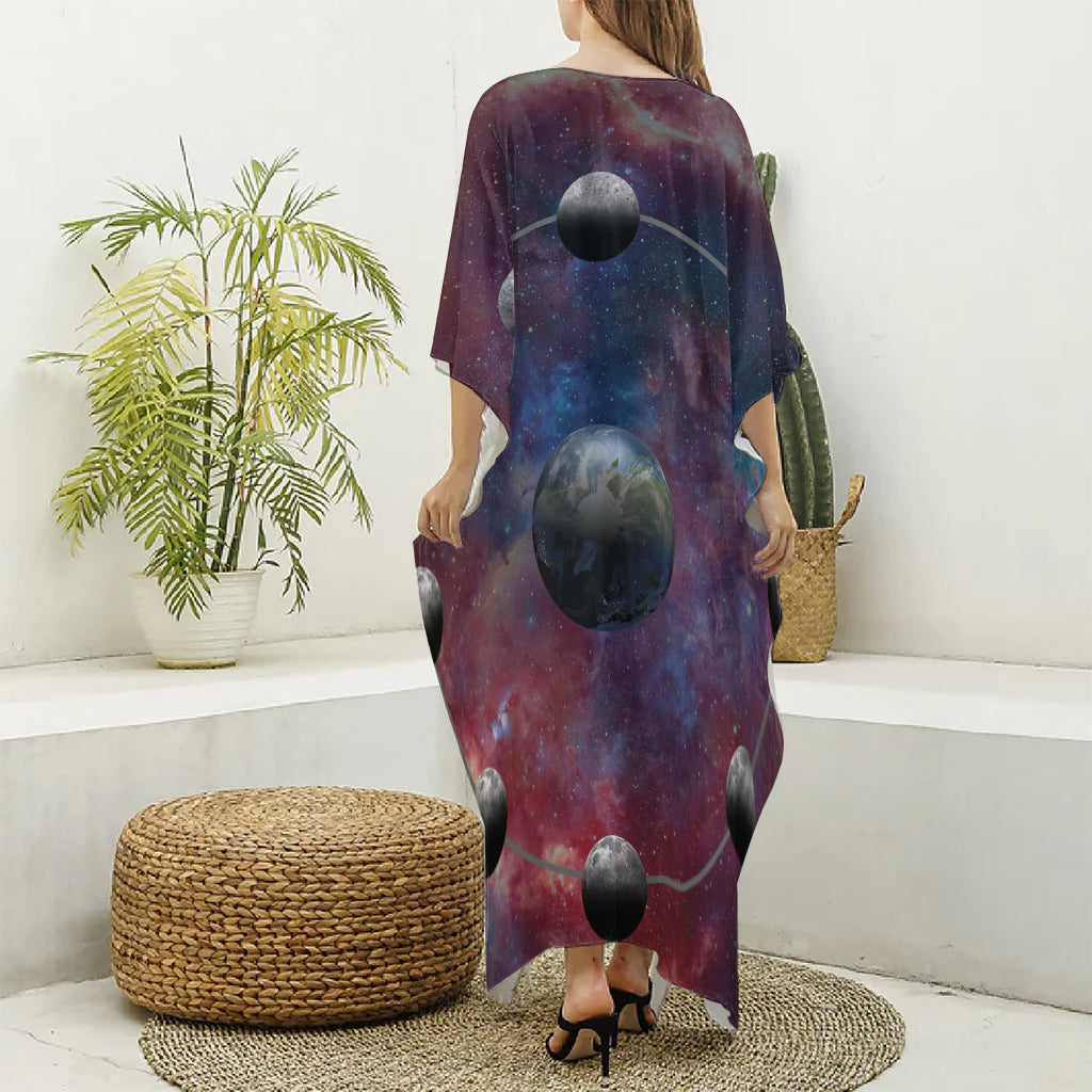 Galaxy Lunar Phase Print Silk V-Neck Kaftan Dress