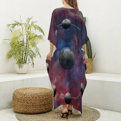 Galaxy Lunar Phase Print Silk V-Neck Kaftan Dress