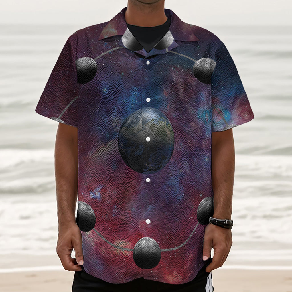 Galaxy Lunar Phase Print Textured Short Sleeve Shirt