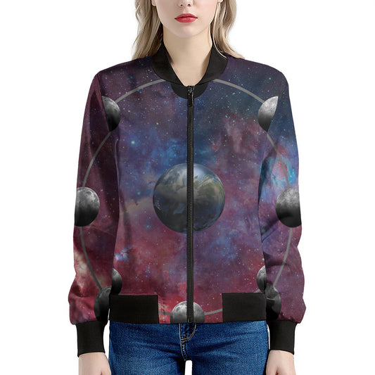 Galaxy Lunar Phase Print Women's Bomber Jacket