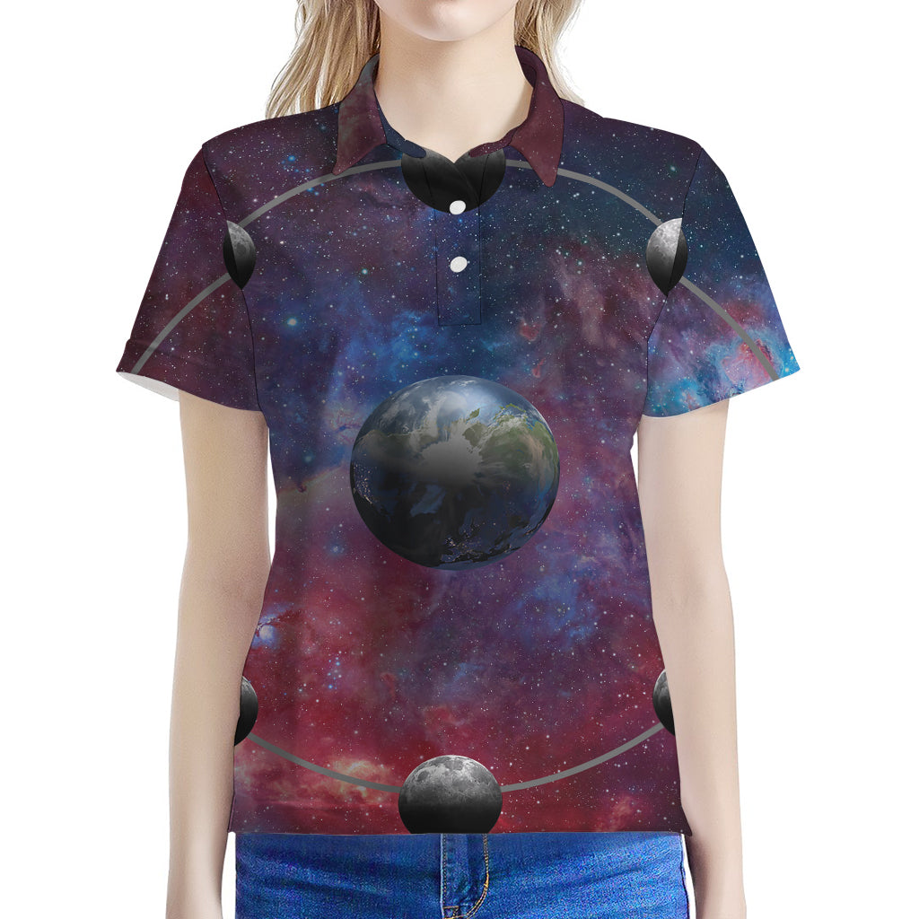 Galaxy Lunar Phase Print Women's Polo Shirt
